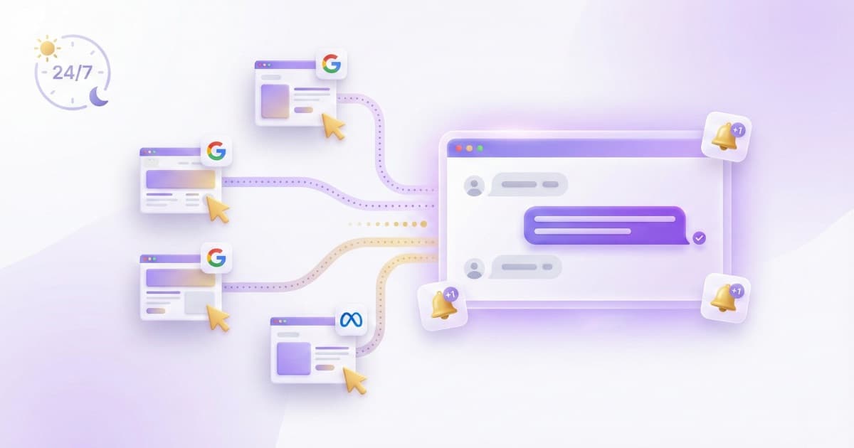 Chatbot atendiendo tráfico de campañas de Google Ads y Meta Ads en una landing page 24/7